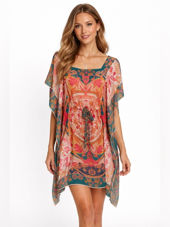 BCBGMaxAzria Dresses & Skirts - BCBGMAXAZRIA Inesa Floral Kaftan Tunic Kimono Coral Print Mini Dress Size XS